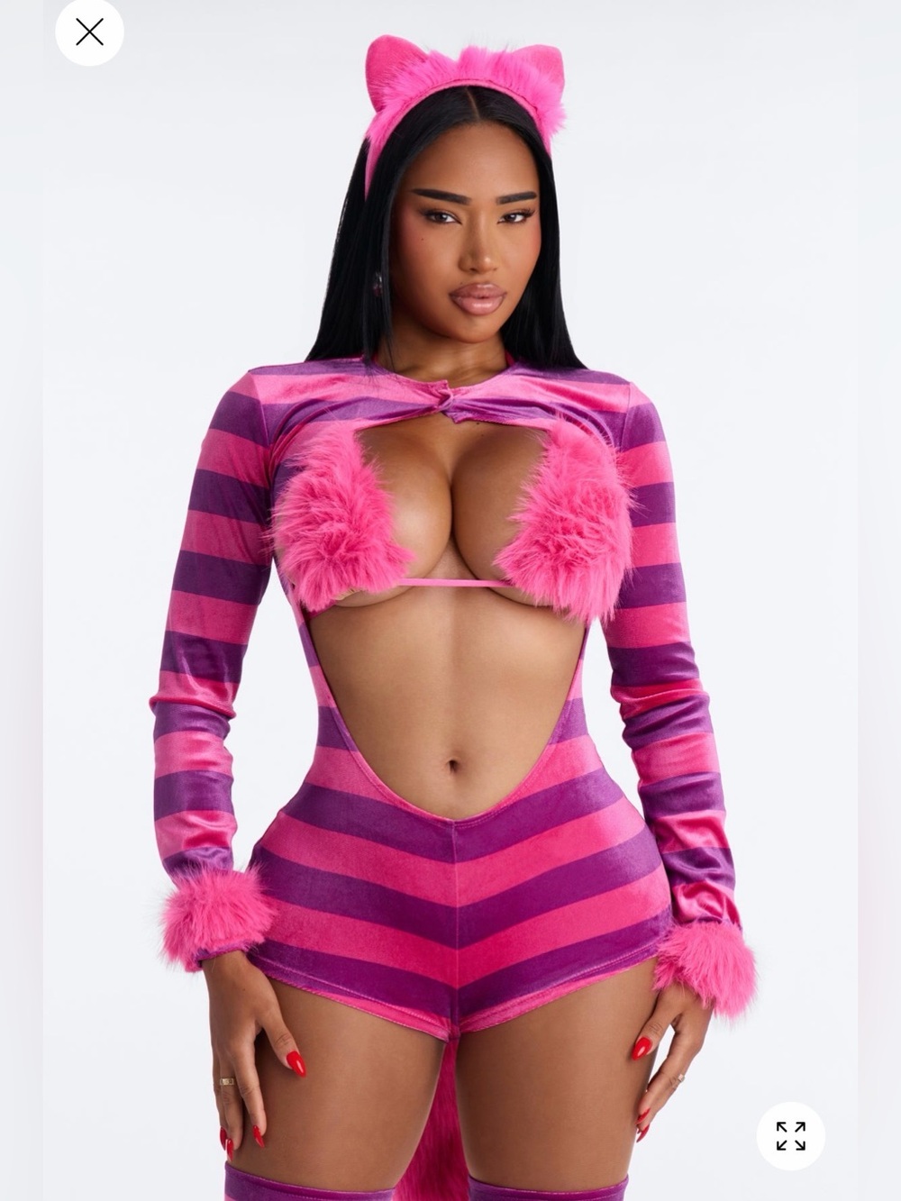 Sexy Cheshire Cat Fuzzy Cutout Romper Costume Set NWT - Picture 2 of 3